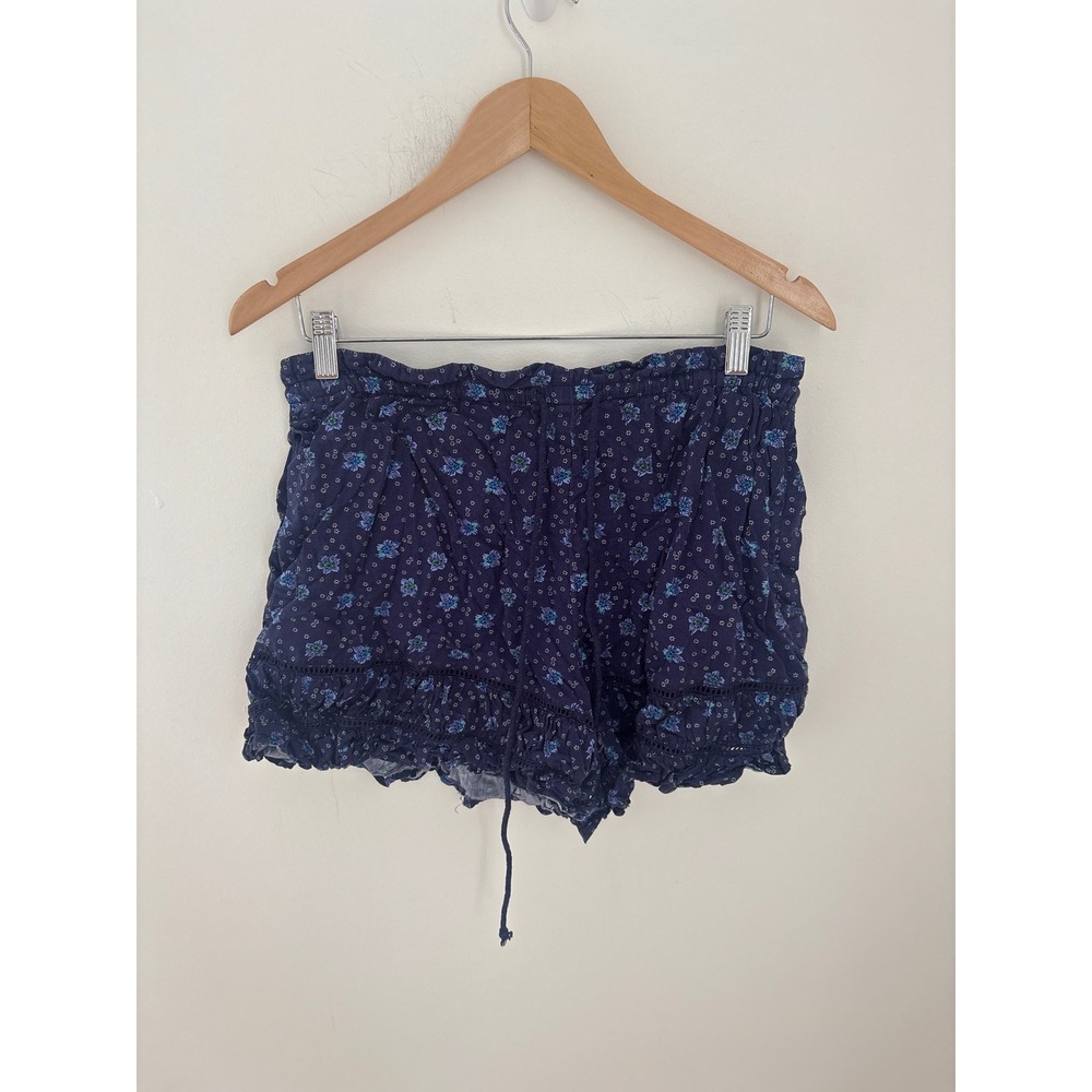 Free People Navy Blue Floral Ruffle Shorts Boho Crochet Lace Trim Small